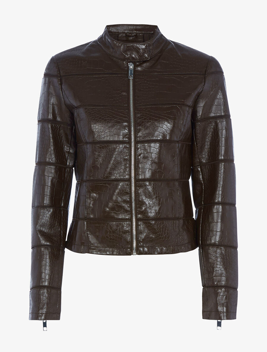 Veste effet croco à coutures ajourées - Marron foncé - 1