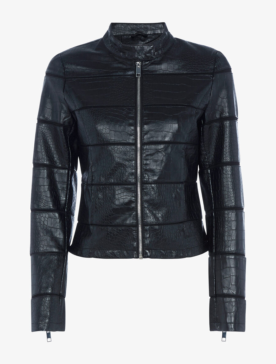 Veste effet croco à coutures ajourées - Noir - 3