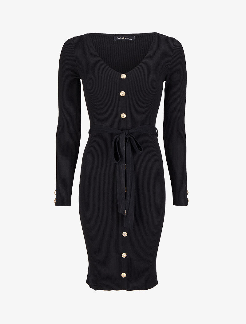 Robe pull mi-longue et côtelée à boutons décoratifs - Noir - 1