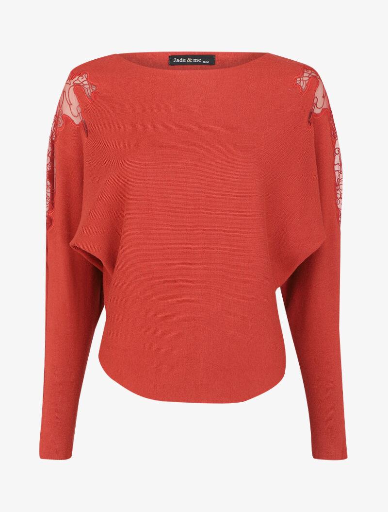 Pull manches dolman à motifs en tulle transparent et bords arrondis - Brique - 1