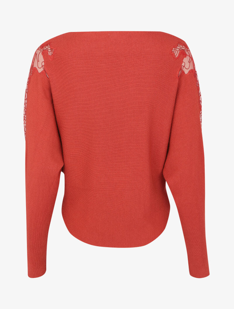 Pull manches dolman à motifs en tulle transparent et bords arrondis - Brique - 2