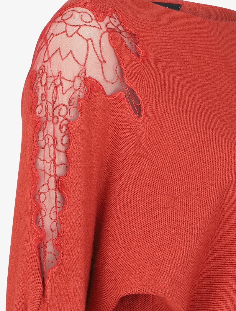 Pull manches dolman à motifs en tulle transparent et bords arrondis - Brique - 3