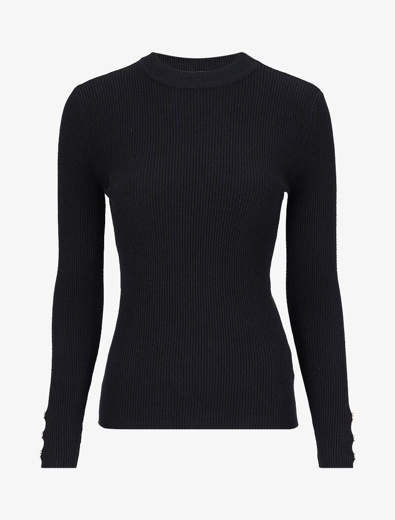Pull côtelé basique à poignets boutonnés - Noir - 1