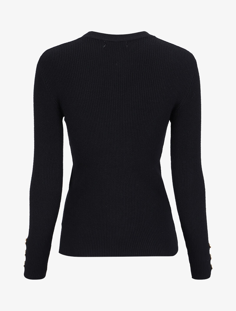 Pull côtelé basique à poignets boutonnés - Noir - 2