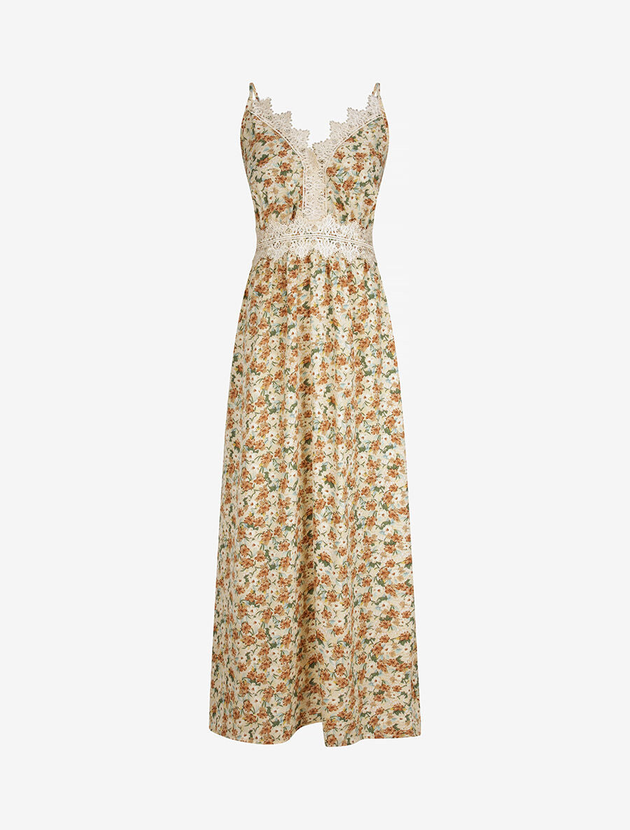 Robe longue fleurie et à fines broderies - Beige - 6