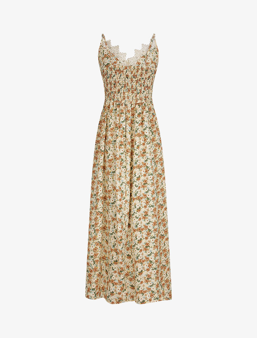 Robe longue fleurie et à fines broderies - Beige - 3
