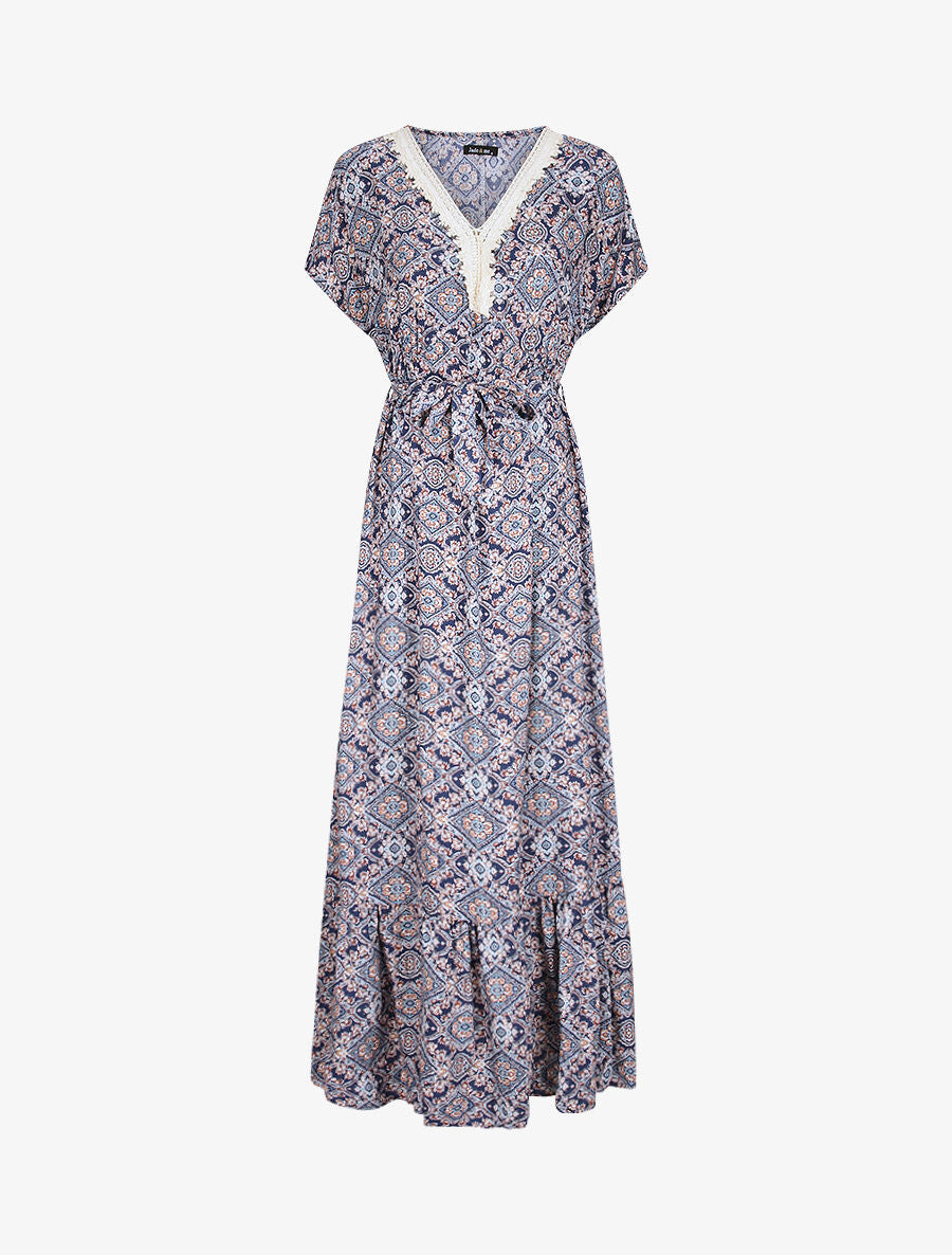 Robe longue imprimée baroque et détail brodé - Marine - 1
