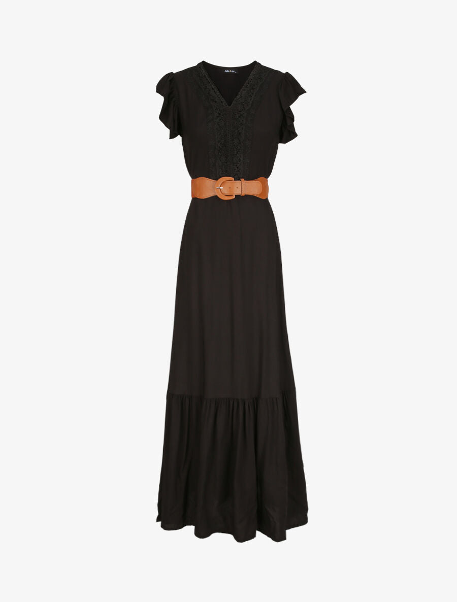 Robe longue à manches volantées - Noir - 1