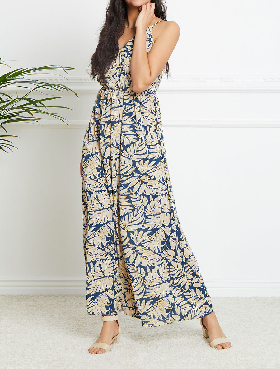 Robe longue empire imprimé feuillages à bretelles - Bleu - 4