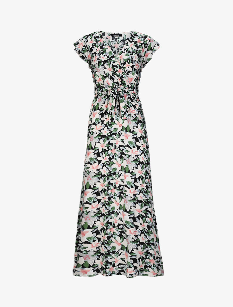 Robe longue empire à épaules volantées imprimé aquarelle florale - Noir - 5