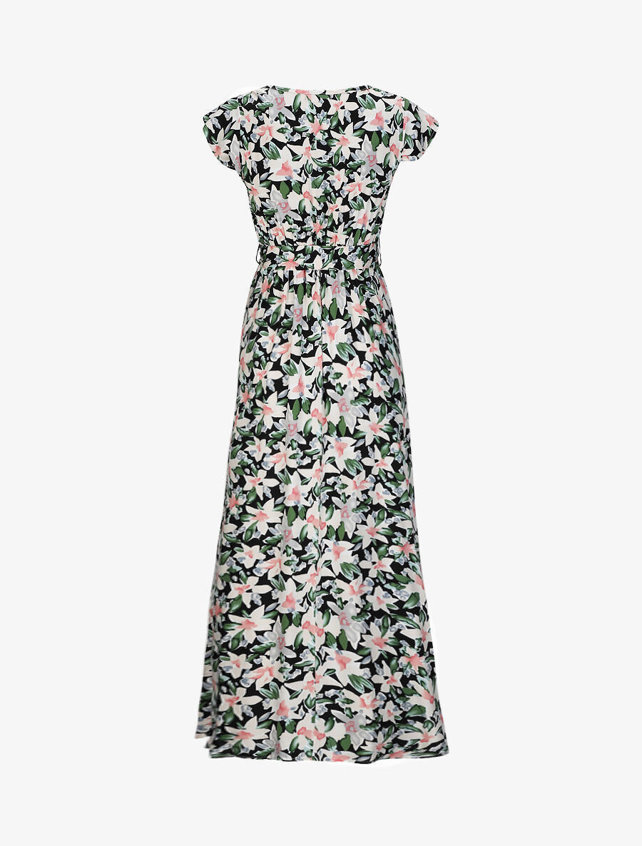 Robe longue empire à épaules volantées imprimé aquarelle florale - Noir - 2