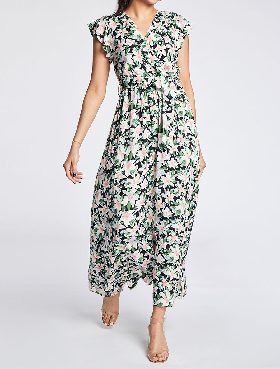 Robe longue empire à épaules volantées imprimé aquarelle florale - Noir - 4
