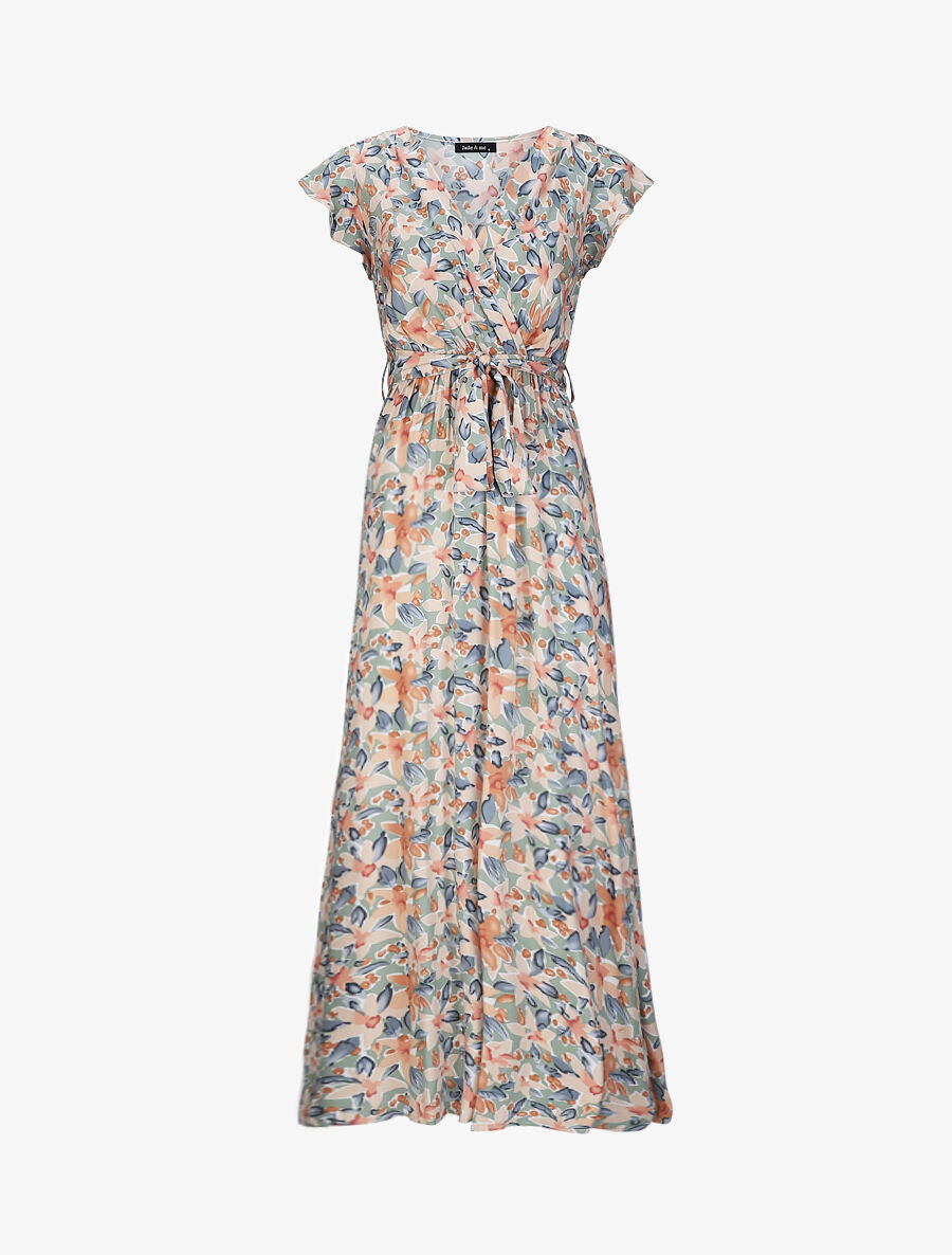 Robe longue empire à épaules volantées imprimé aquarelle florale - Vert olive - 1