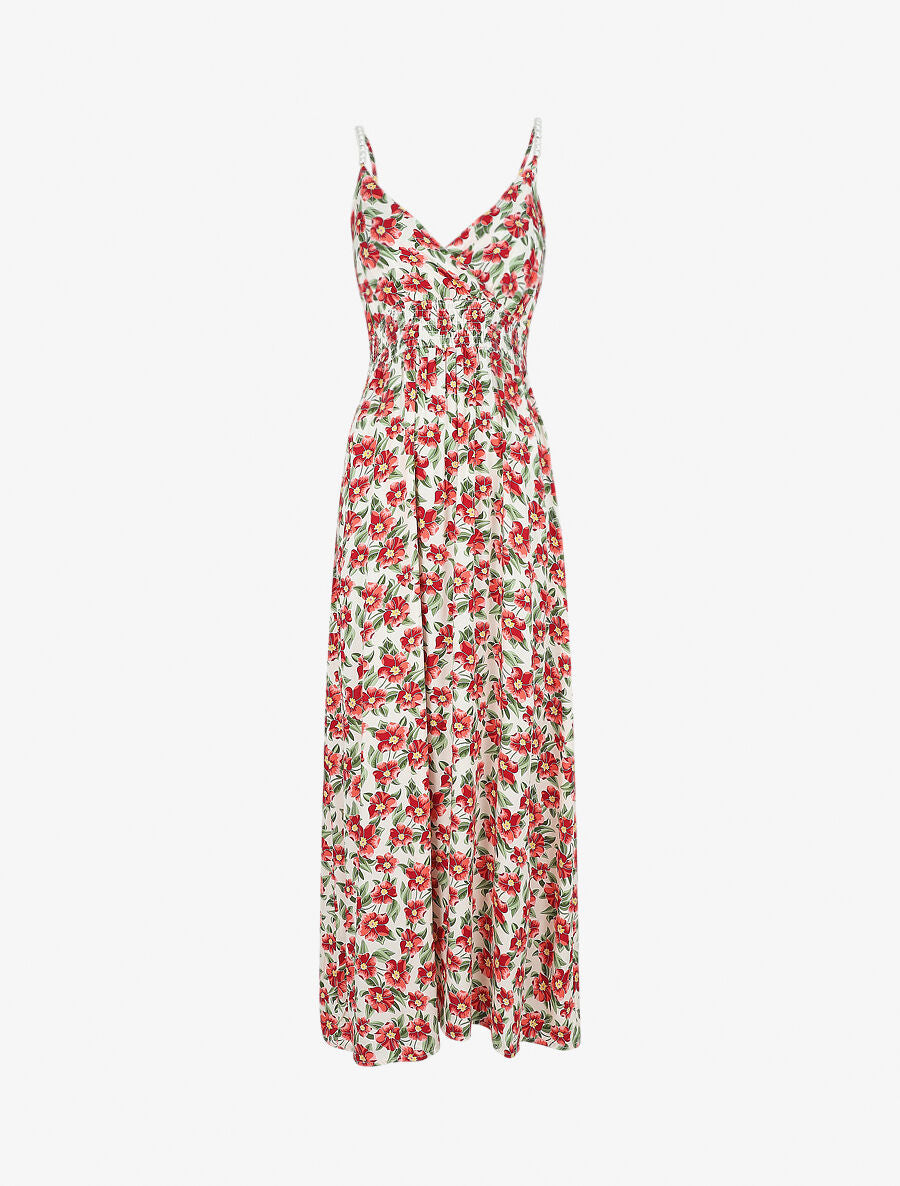 Robe longue empire imprimé fleurs tropicales à bretelles à perles - Blanc - 1