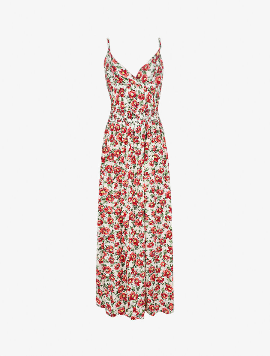 Robe longue empire imprimé fleurs tropicales à bretelles à perles - Blanc - 2