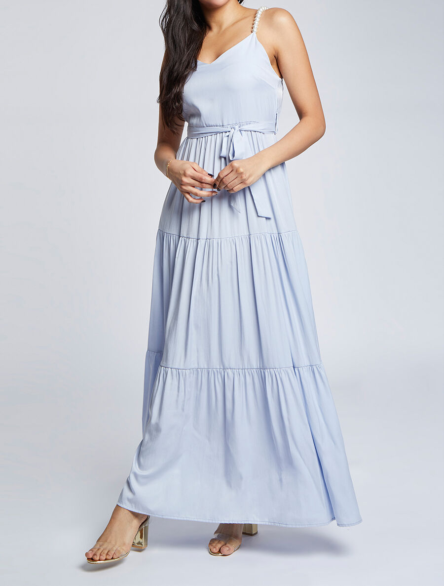 Robe longue empire unie à bretelles à perles - Bleu clair - 4