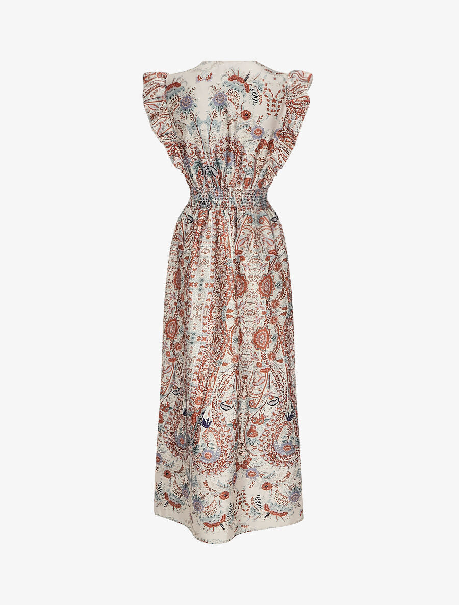 Robe longue empire satinée imprimé cachemire stylisé - Beige - 2