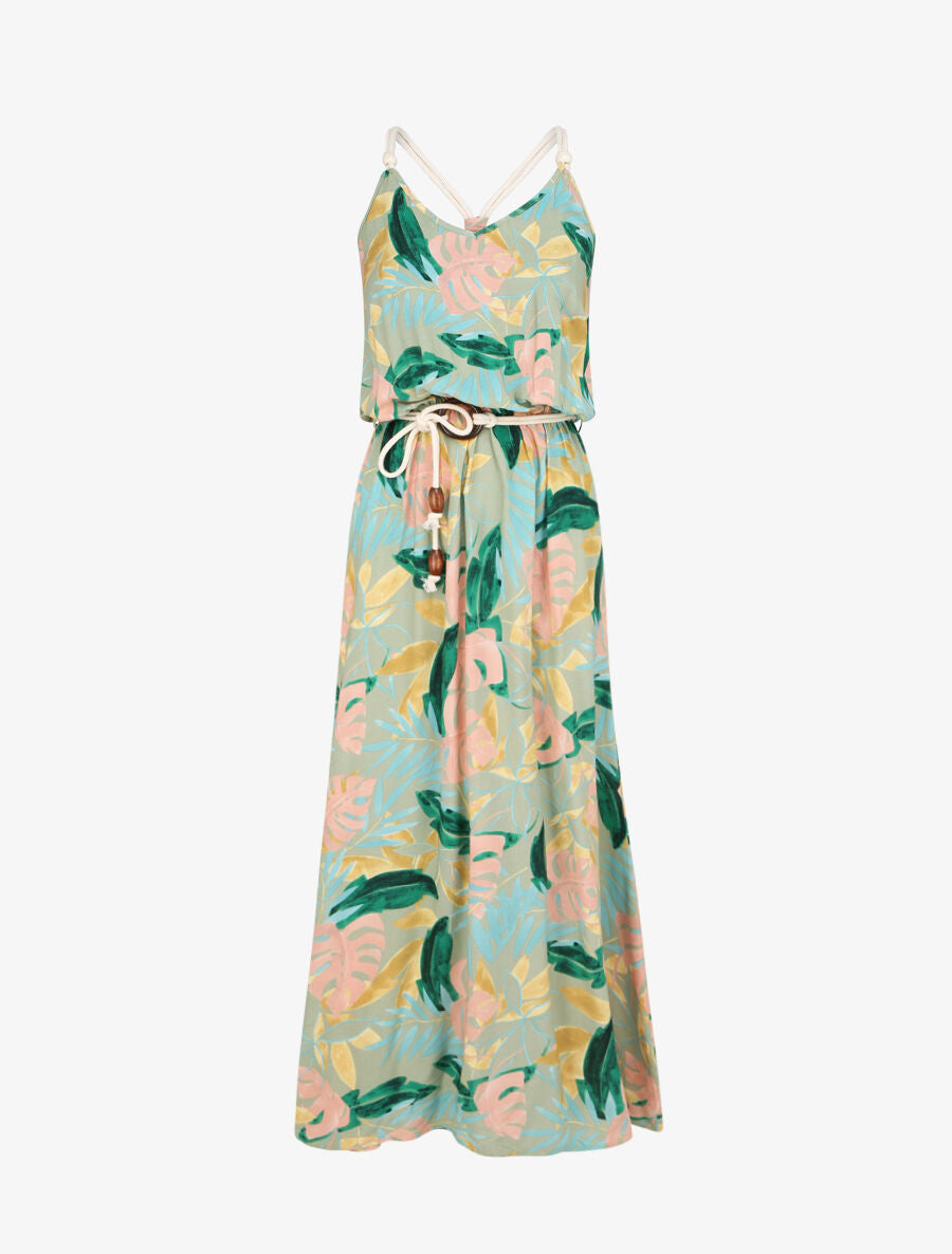 Robe longue imprimé feuilles tropicales à bretelles en cordelettes - Vert anis - 4
