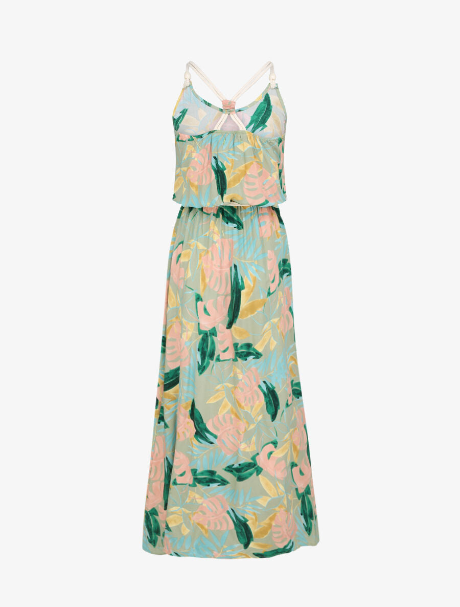 Robe longue imprimé feuilles tropicales à bretelles en cordelettes - Vert anis - 2