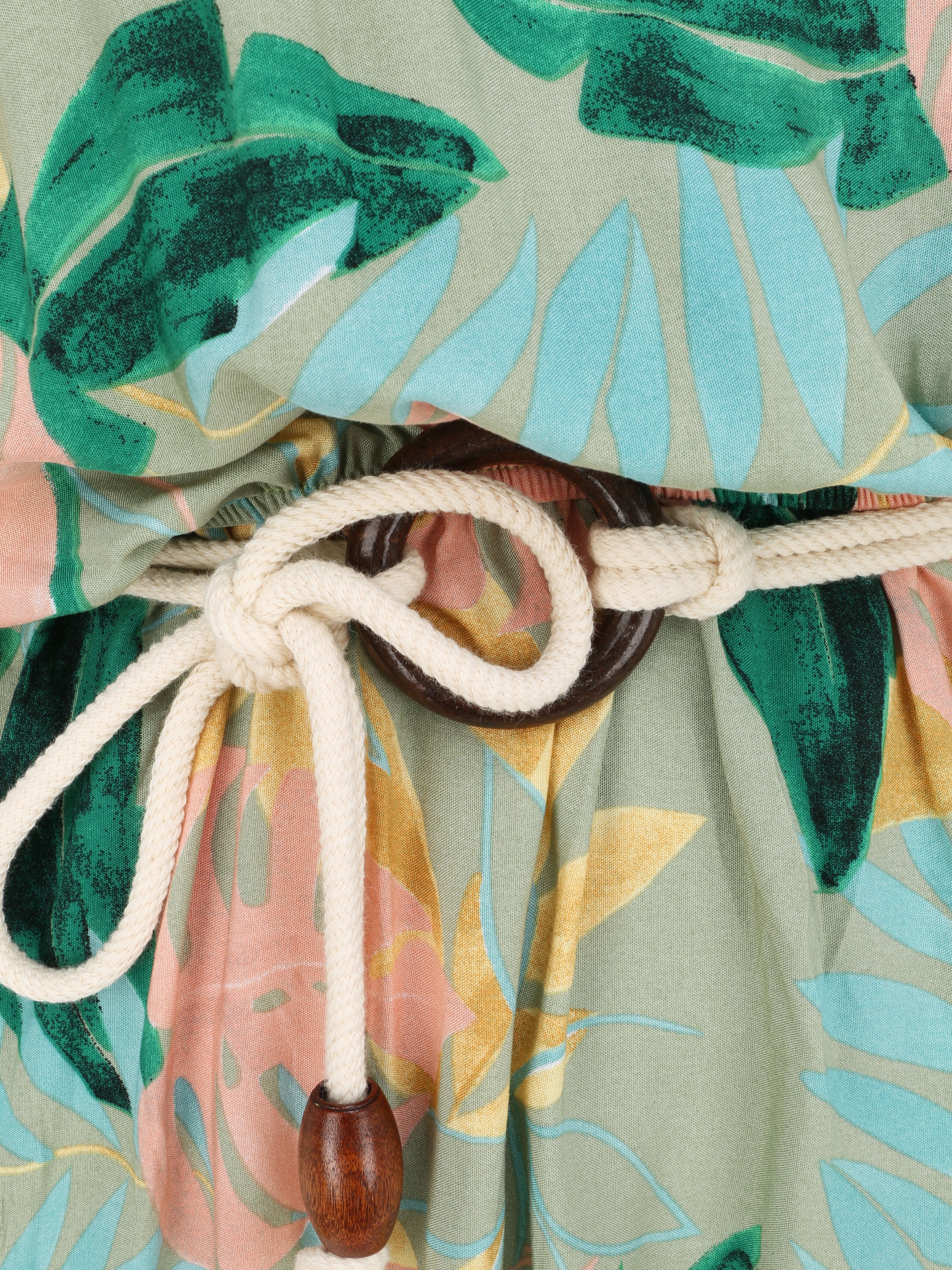 Robe longue imprimé feuilles tropicales à bretelles en cordelettes - Vert anis - 3