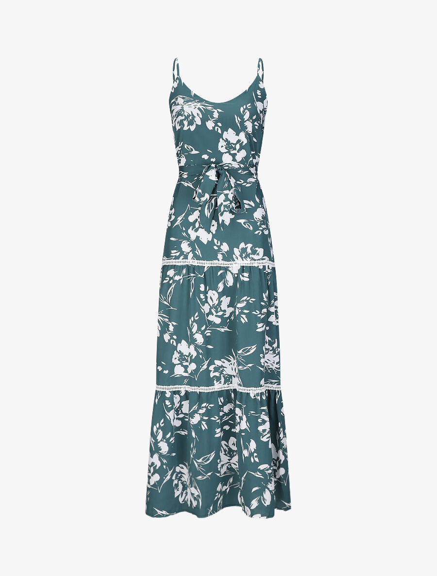 Robe longue patineuse imprimé fleurs contrastantes - Vert - 4