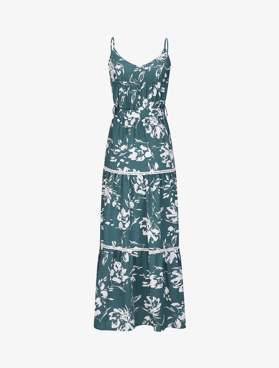 Robe longue patineuse imprimé fleurs contrastantes - Vert - 2