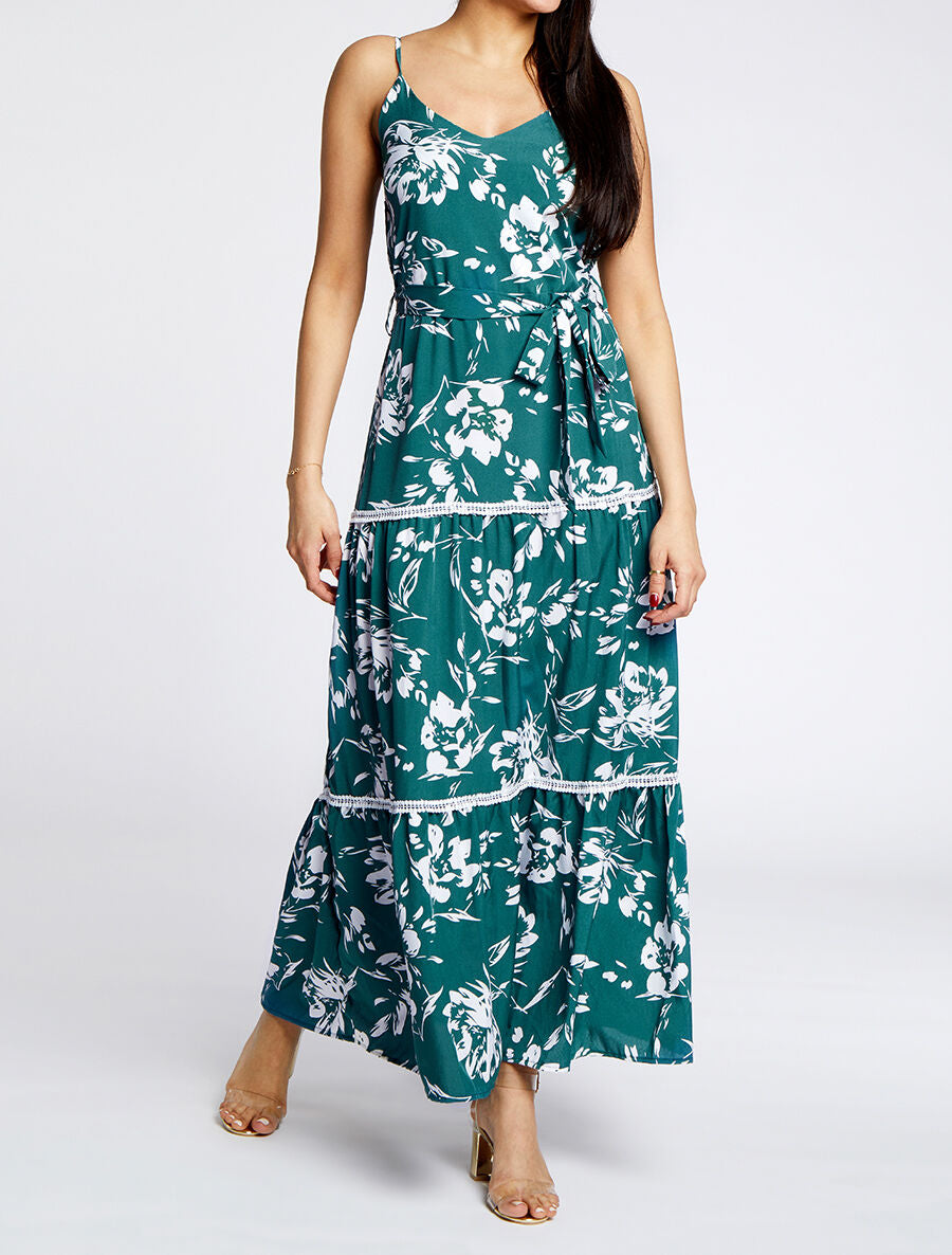 Robe longue patineuse imprimé fleurs contrastantes - Vert - 3
