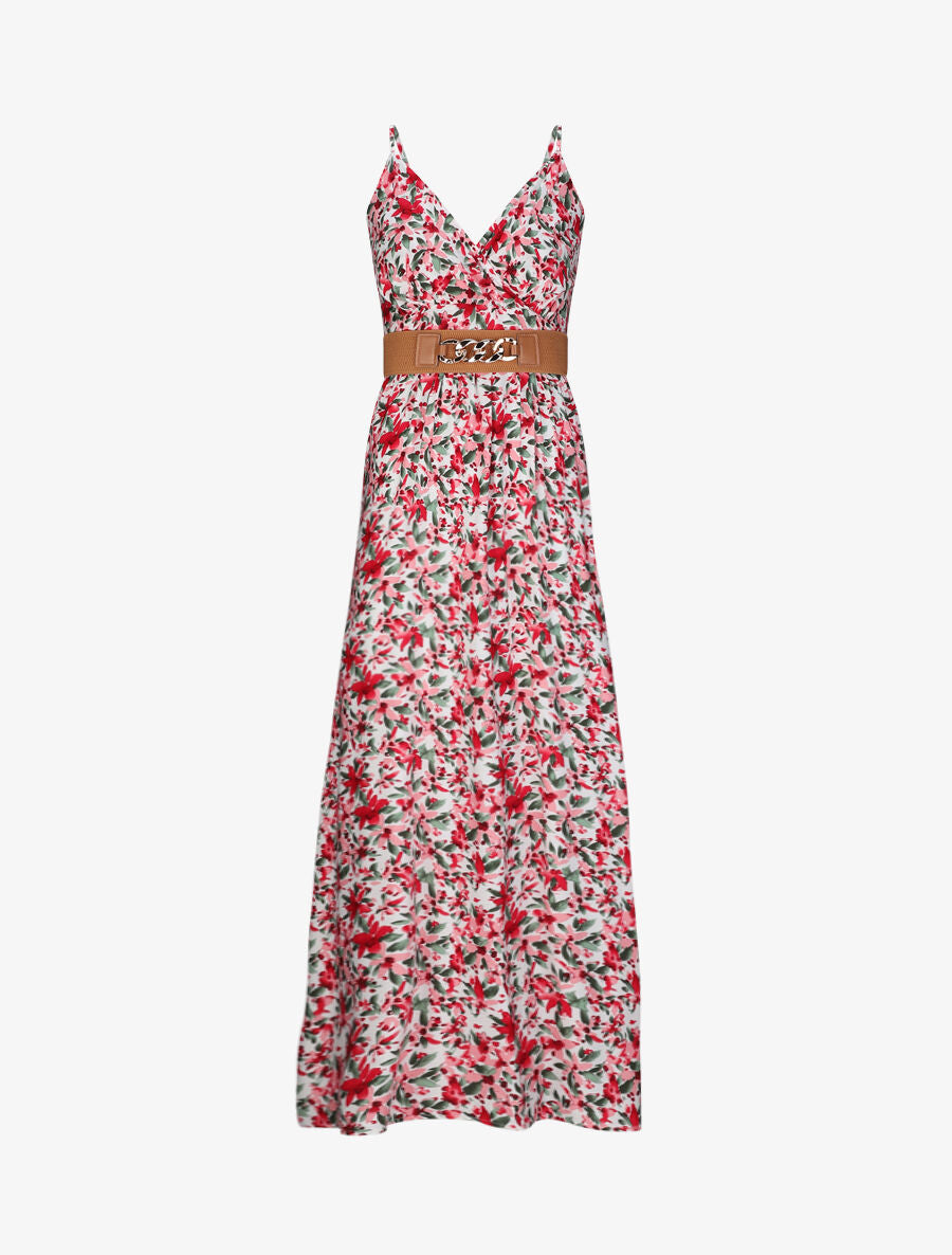 Robe longue empire à bretelles et imprimé fleurs abstraites - Blanc - 1