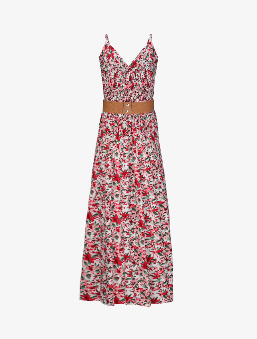 Robe longue empire à bretelles et imprimé fleurs abstraites - Blanc - 2
