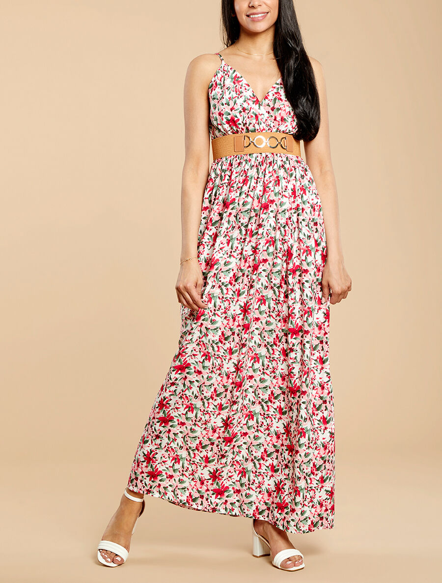 Robe longue empire à bretelles et imprimé fleurs abstraites - Blanc - 4