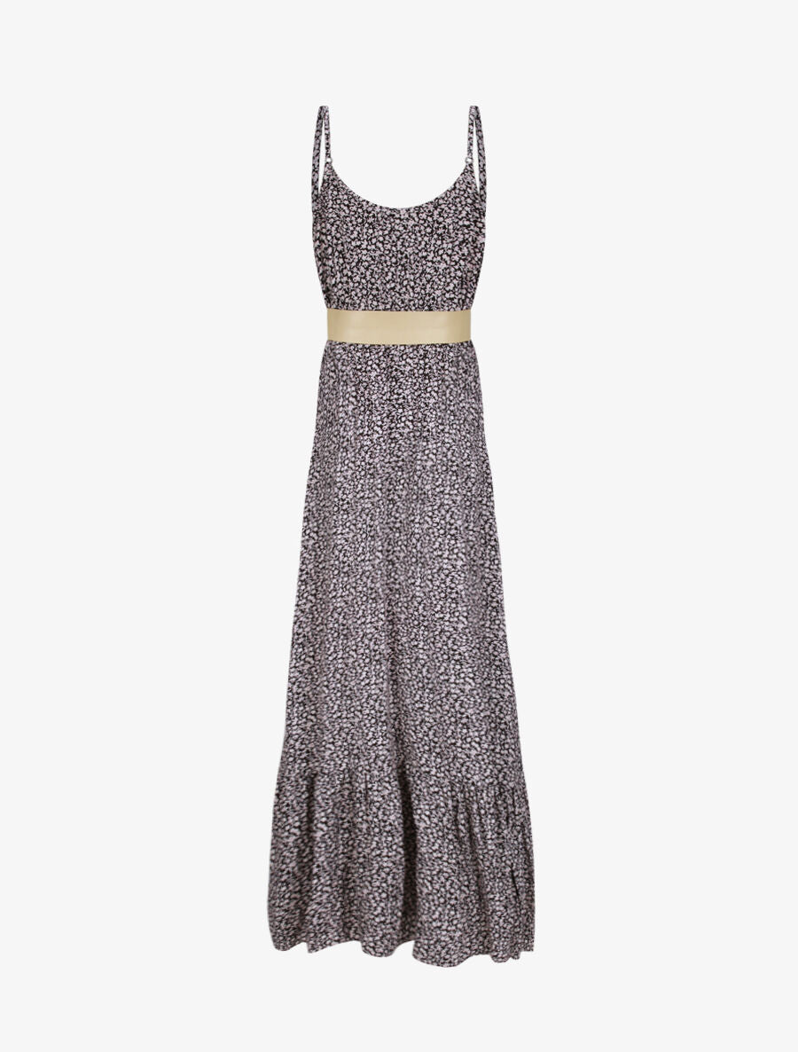 Robe longue à col à détail tulle - Noir - 2