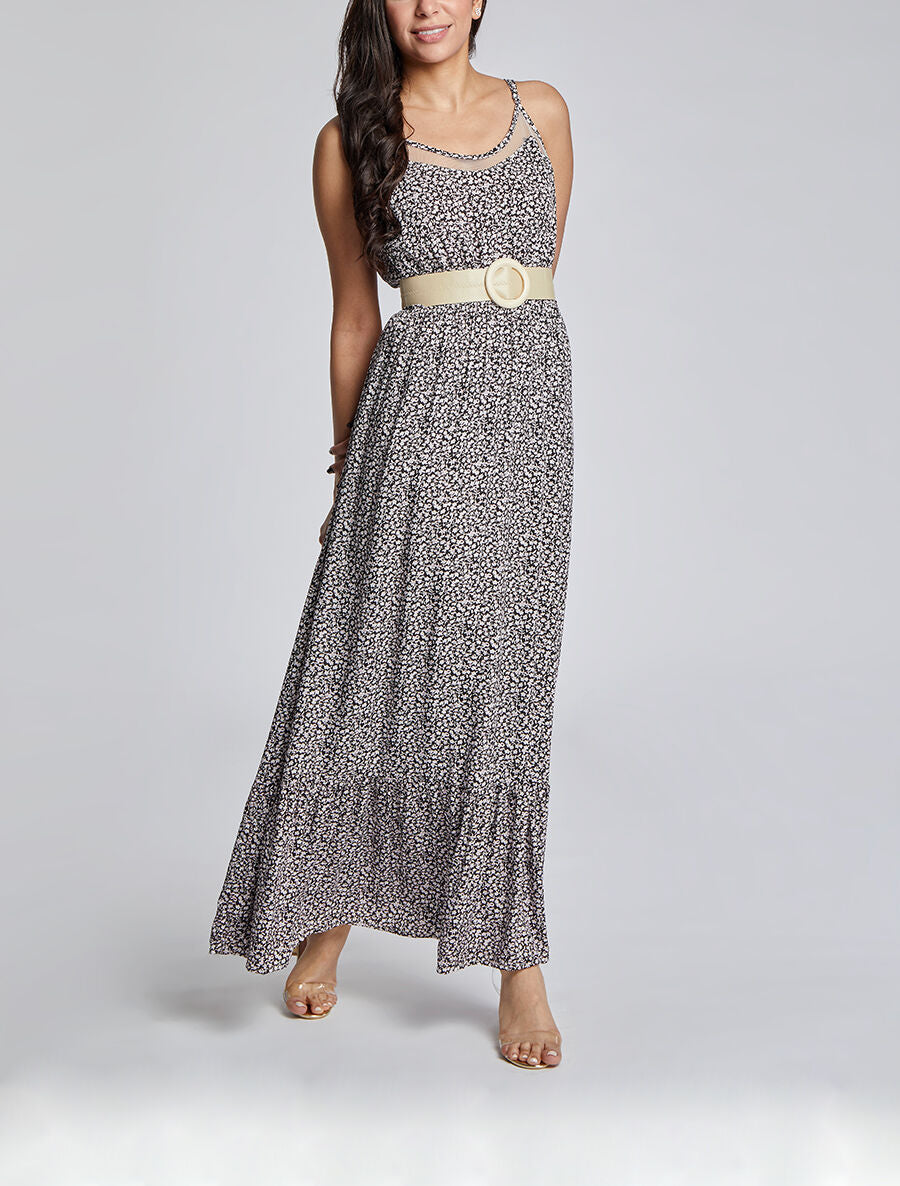 Robe longue à col à détail tulle - Noir - 5