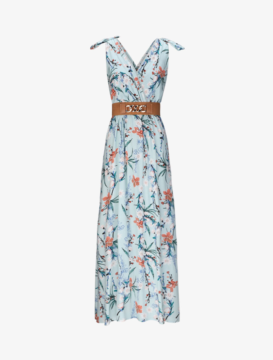 Robe longue empire à col cache-coeur imprimé bouquet fleuri - Bleu clair - 2