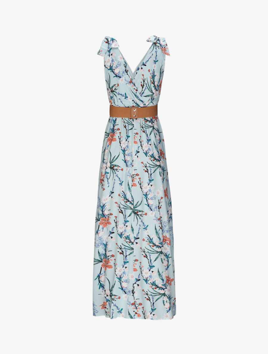 Robe longue empire à col cache-coeur imprimé bouquet fleuri - Bleu clair - 3