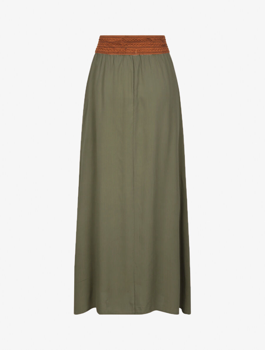 Jupe longue unie à taille haute contrastante - Kaki - 2