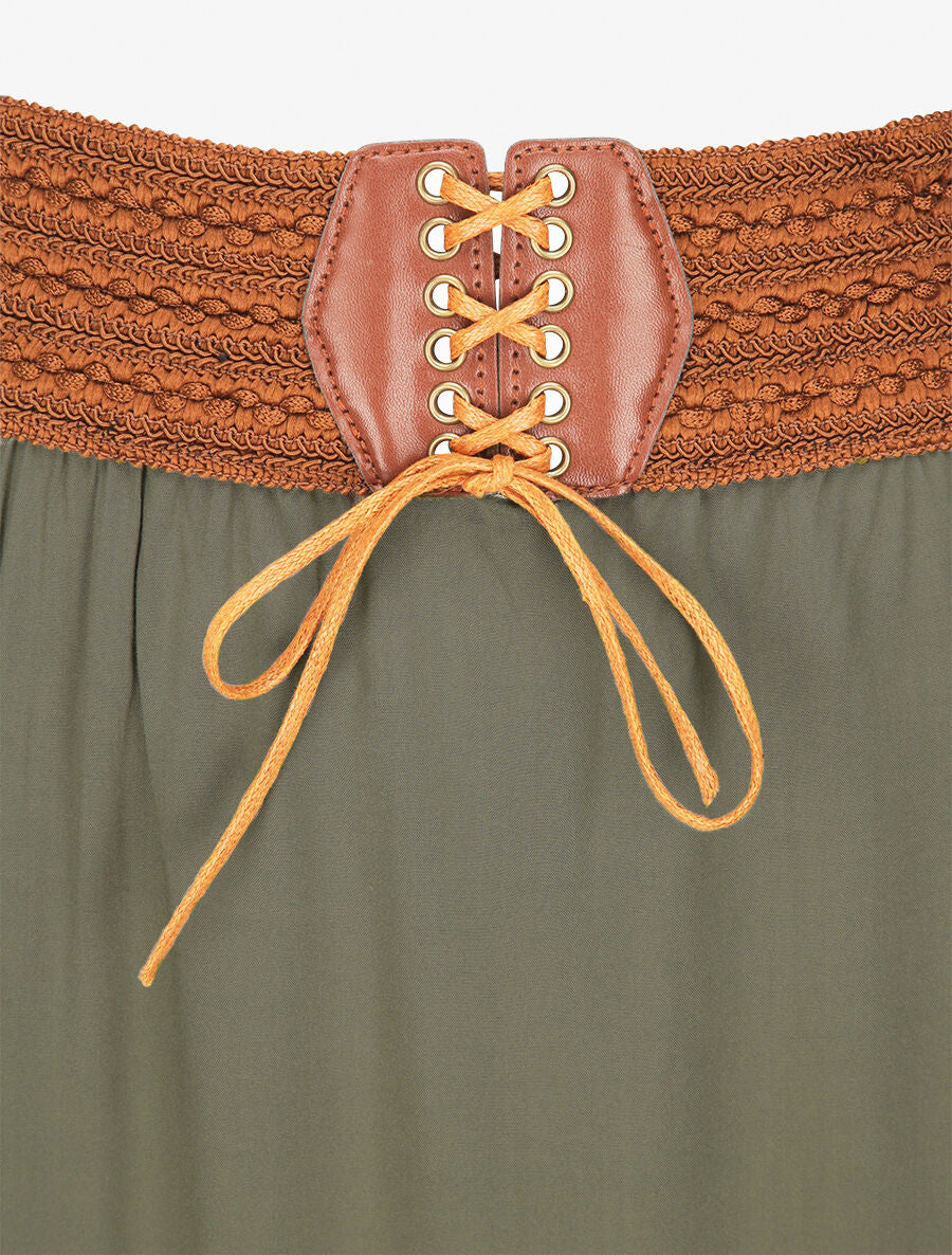 Jupe longue unie à taille haute contrastante - Kaki - 3