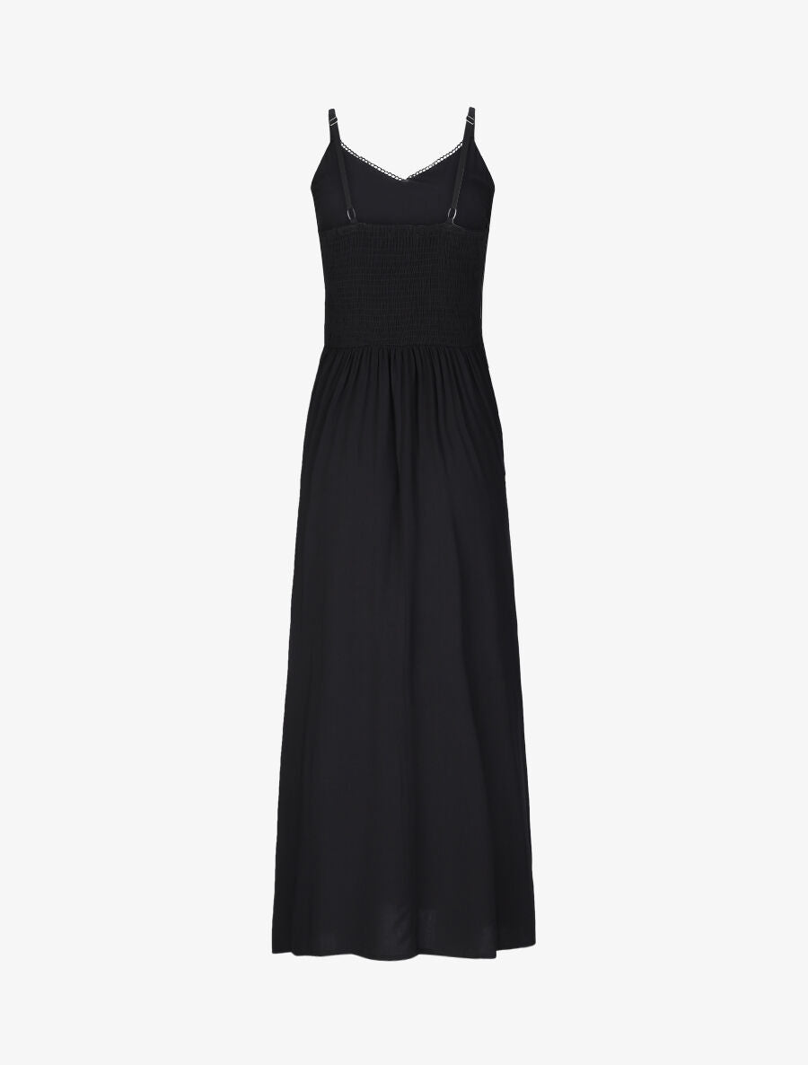 Robe longue évasée unie à taille en crochet - Noir - 2