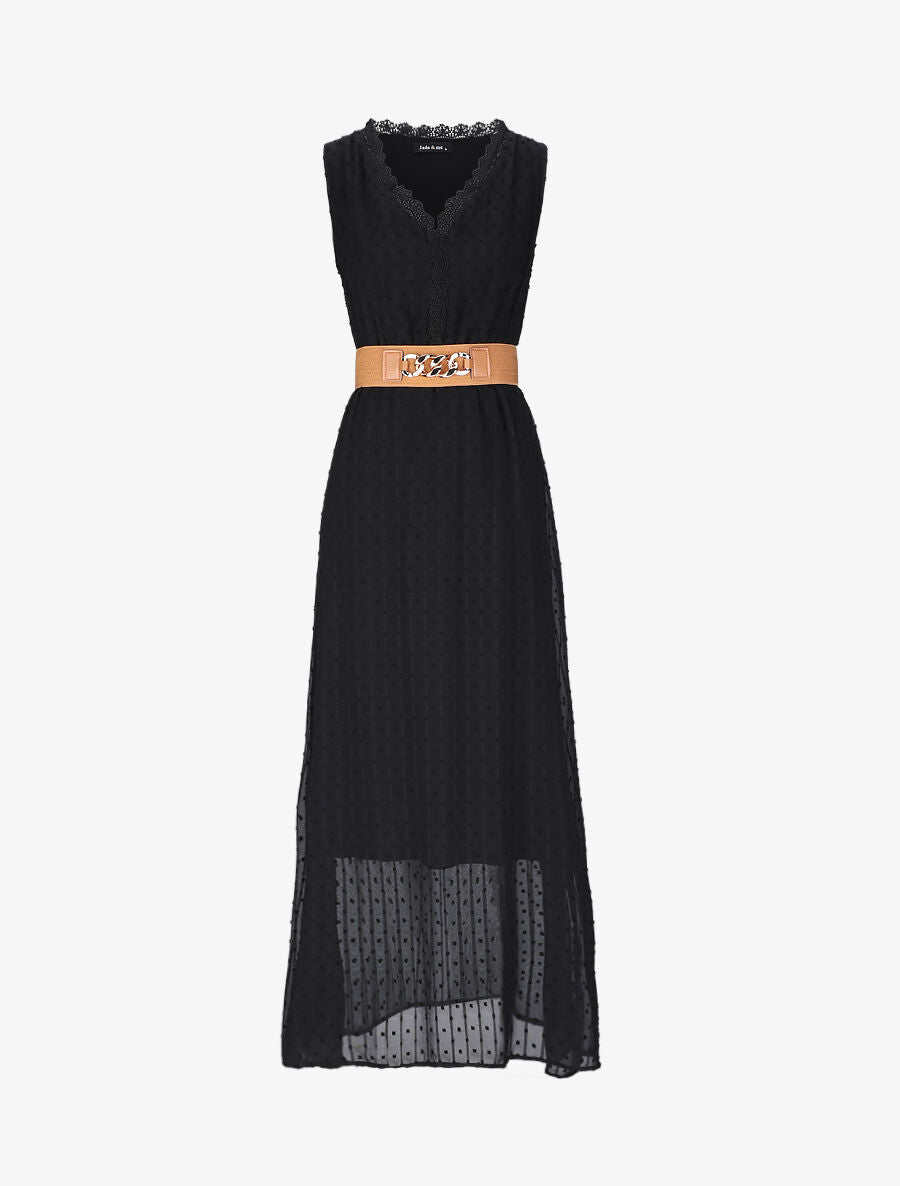 Robe longue empire unie en plumetis - Noir - 4