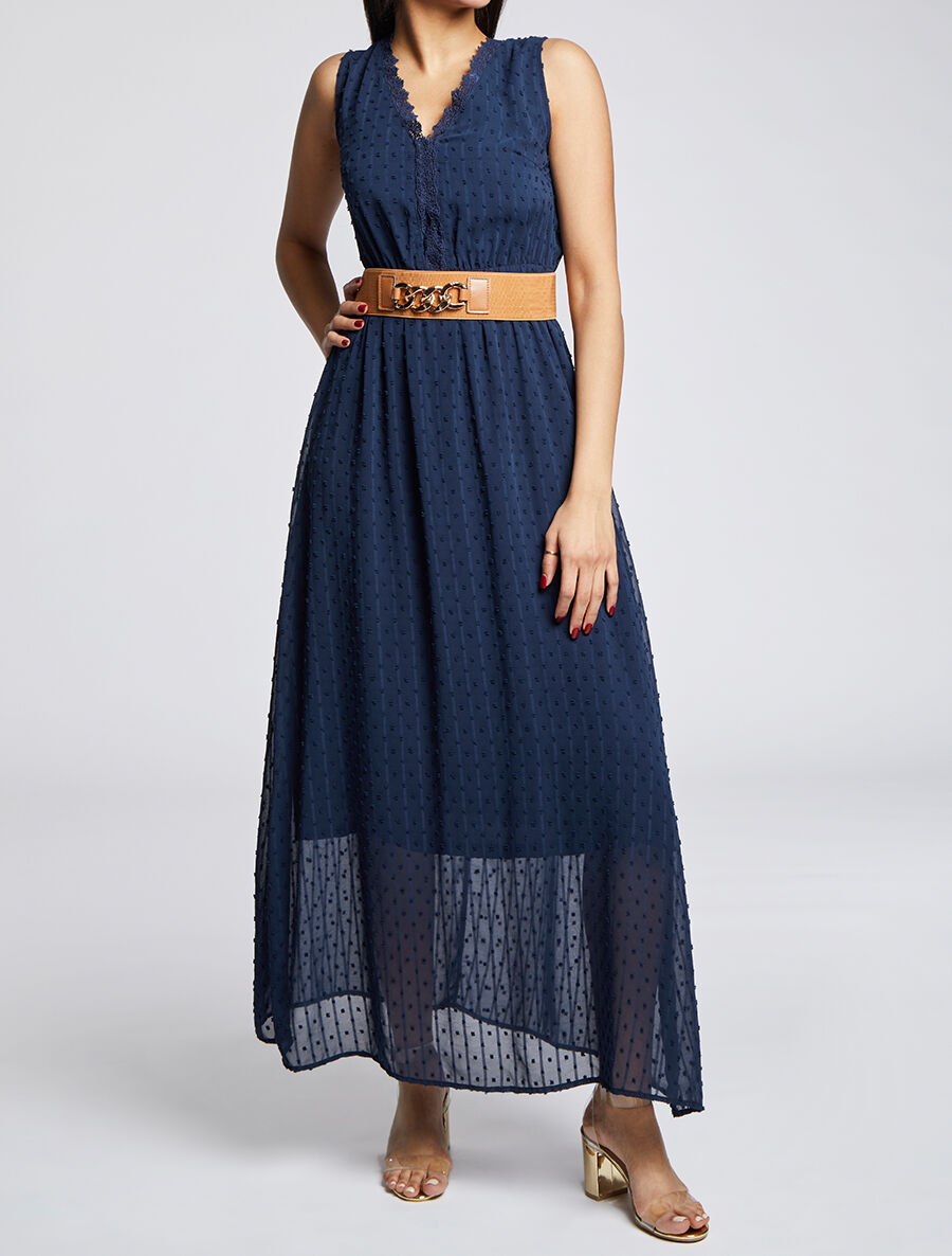 Robe longue empire unie en plumetis - Marine - 4