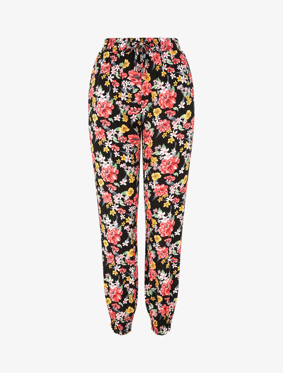 Pantalon fluide imprimé fleurs printanières à bords élastiqués - Noir - 1
