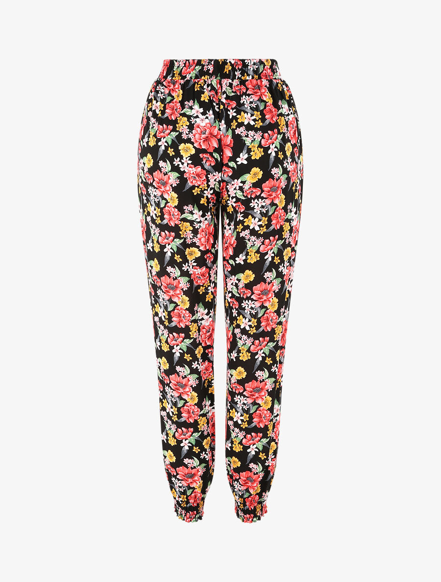 Pantalon fluide imprimé fleurs printanières à bords élastiqués - Noir - 2
