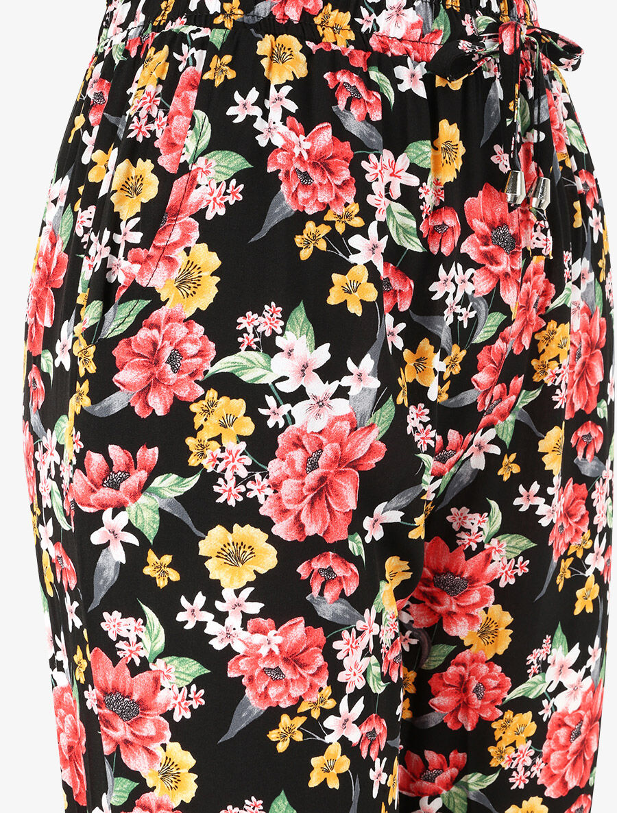Pantalon fluide imprimé fleurs printanières à bords élastiqués - Noir - 3