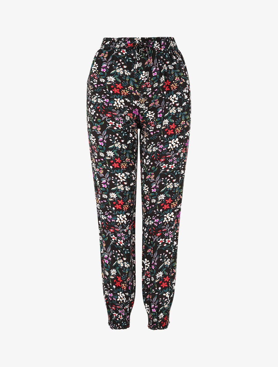 Pantalon fluide imprimé petites fleurs à bords élastiqués - Noir - 4