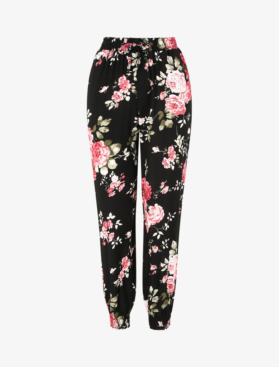 Pantalon fluide imprimé fleuri à bords élastiqués - Noir - 1