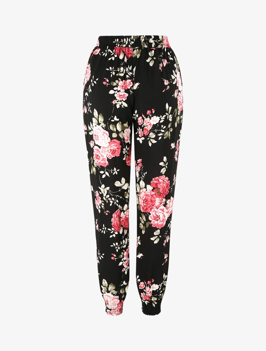 Pantalon fluide imprimé fleuri à bords élastiqués - Noir - 2