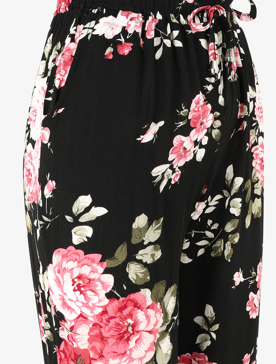 Pantalon fluide imprimé fleuri à bords élastiqués - Noir - 3