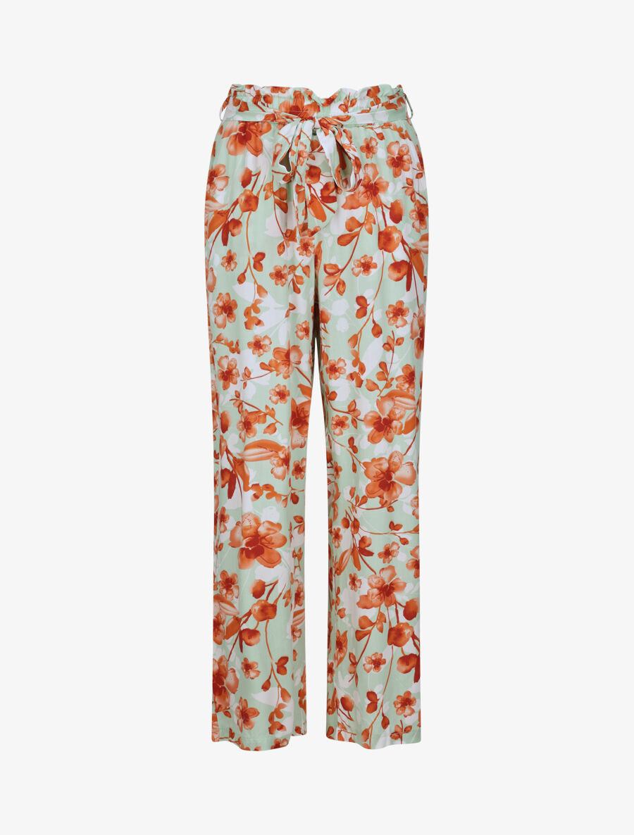 Pantalon fluide motifs pétales de roses - Vert amande - 1