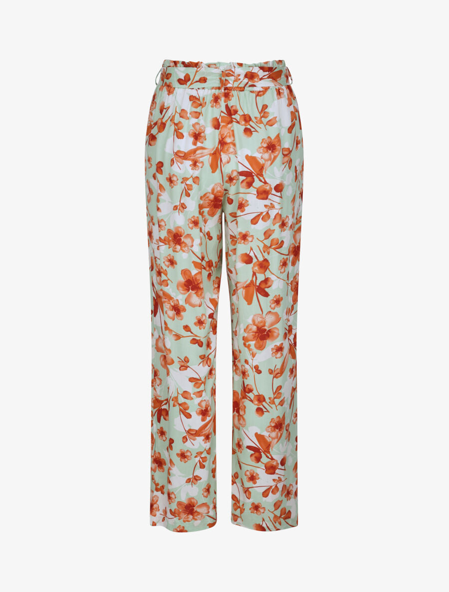 Pantalon fluide motifs pétales de roses - Vert amande - 2