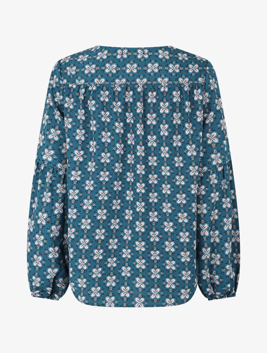 Top ample col V à fleurs - Bleu canard - 2
