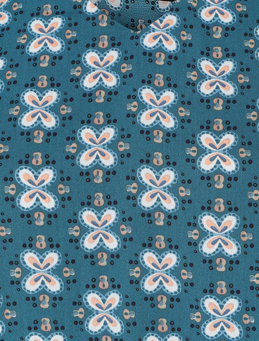 Top ample col V à fleurs - Bleu canard - 3